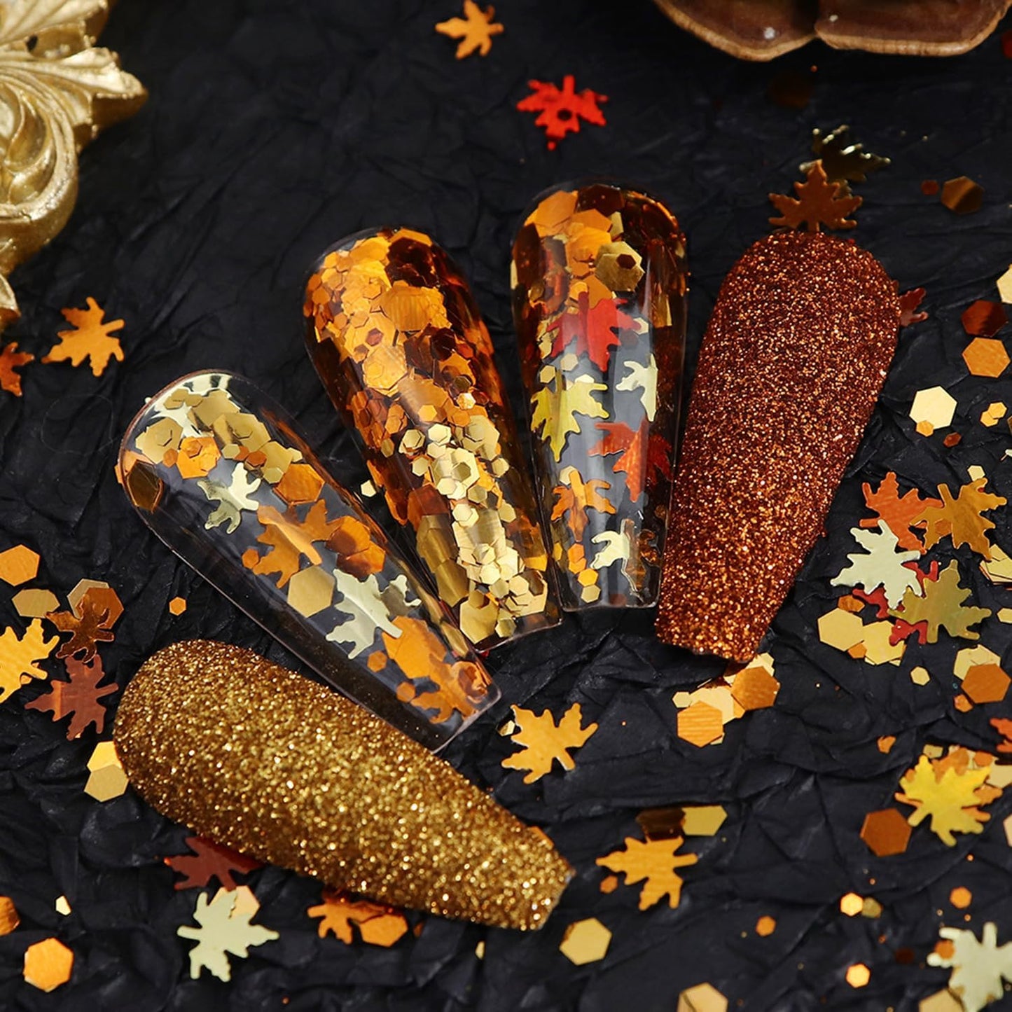 Fall Nail Art Glitter Maple Leaf Nail Sequins Flakes, 2 Colors Manicure fine Glitter Powder, 3D Holographic Orange Red Nail Stickers Decals Supplies Nail Charms for Women Girls 6 Box