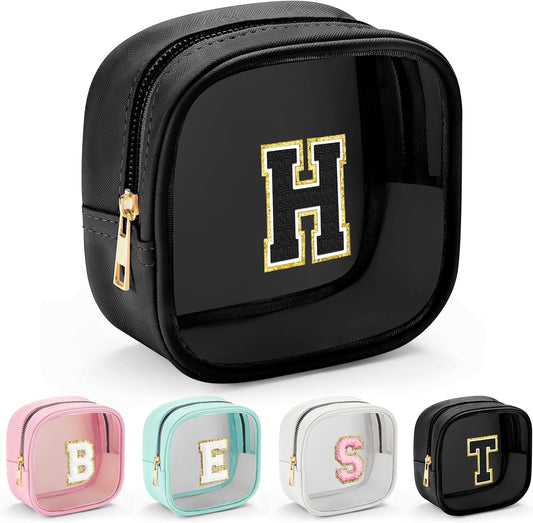 YOOLIFE Initial Makeup Bag Travel Toiletry Bag, Clear Makeup Bag Car Accessories For Women Clear Makeup Bags With Zipper Girlfriend Teacher 13 Year Old Girl Gifts Daughter Girl Gifts Mini Black H