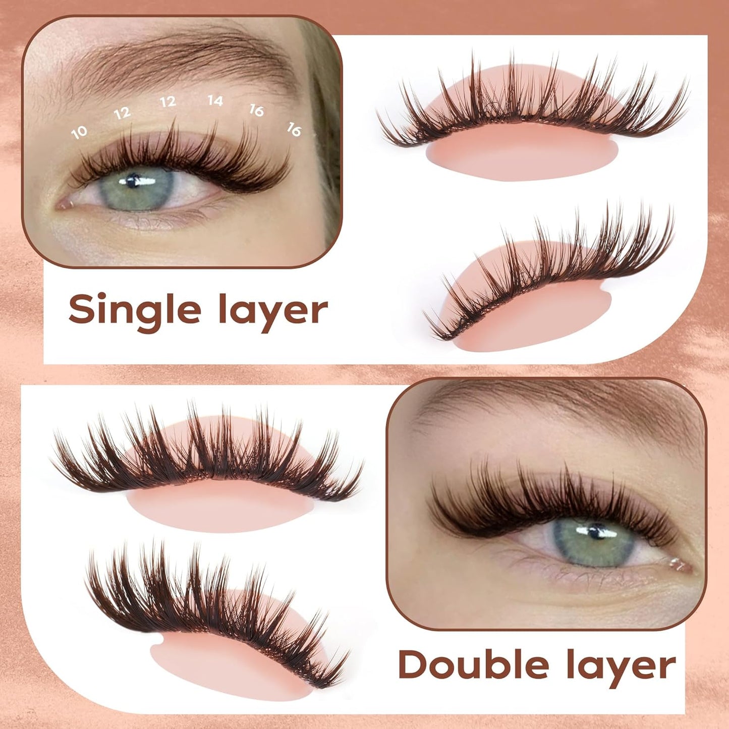Focipeysa Brown Lash Clusters Spiky Brown Clusters Eyelashes Extensions 10-16mm Eyelash Clusters Wispy Eye Lash Clusters Natural Eyelashes Clusters DIY Salon Effect Lash Extension at Home
