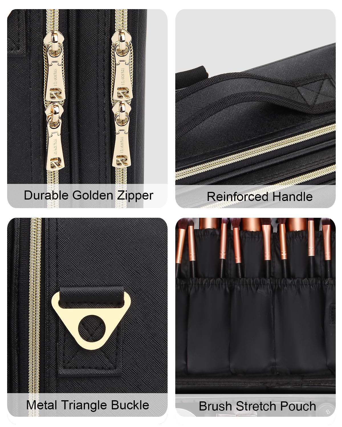 MONSTINA Large Makeup Travel Case Bag,Professional Makeup Artist Train Case with Brush organizer,Large Capacity Cosmetic Bag with Zipper Pocket and Adjustable Compartment（PU Leather Black）