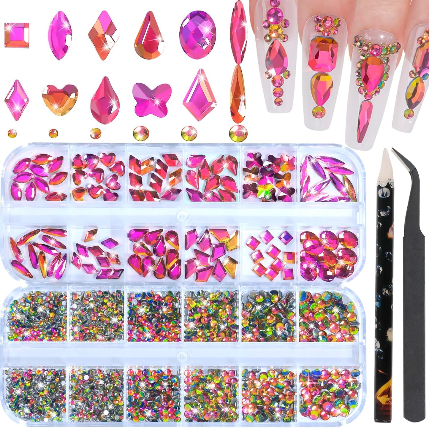 Nail Rhinestones - 3D Multi Shape Size, Flat Back, Crystals Manicure Rhinestones Charms, Colorful Red Nail Gems, with Kit, for Nail Art, Bedazzling Acrylic Nails, DIY Decor