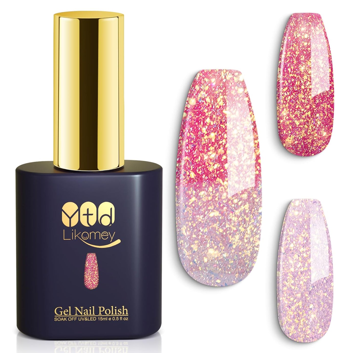 YTD Likomey Color Changing Gel Nail Polish,Brocade Glitter 15ml Light Pink To Peach Red Shimmer Glitter Mood Temperature Change Colors Iridescent Flakes Fall Winter Ombre Thermal UV Nail Gel,WB341