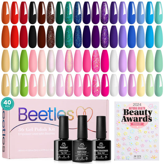 beetles Fall Gel Polish Set - Verse of Flower Collection, 36 Colors Brown Burgundy Purple Red Gel Polish Fall Colors Nail Kit with 3Pcs Base Top Coat Soak off UV Gel & Nail Art Stickers