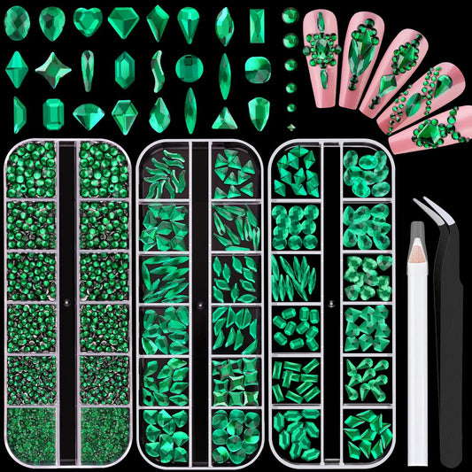 2750Pcs Emerald Green Glass Nail Rhinestones 240Pcs Multi Shapes Flatback Nail Gems + 2510Pcs 1.5-4mm Round Crystal, Manicure Nail Charms Diamond Gemstone for Acrylic Nails Decoration