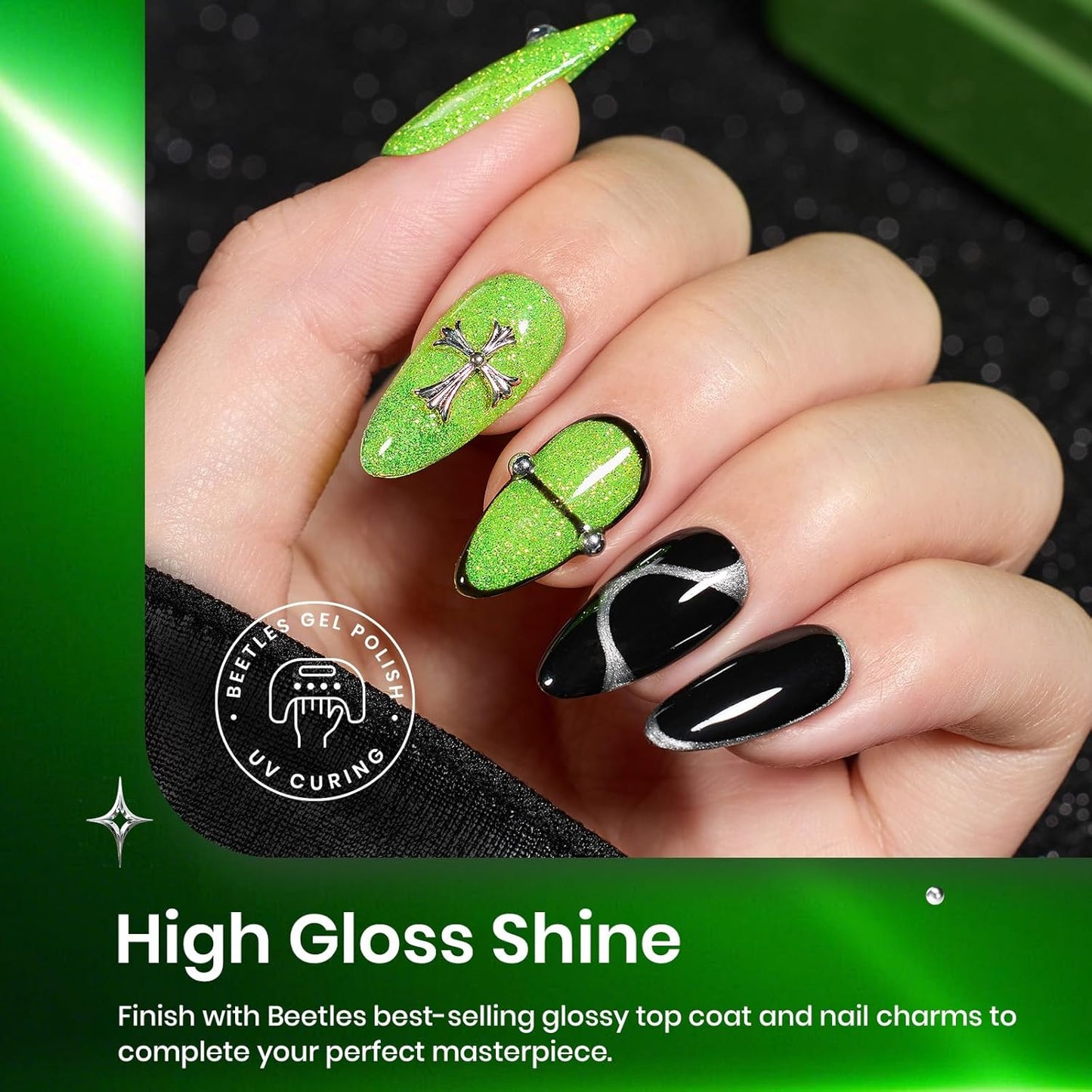 Beetles Neon Green Gel Nail Polish Set, Halloween Black Glitter Silver Brat Tribe Gel Polish with Rhinestones for DIY Nail Art Festival Manicure Gift for Women