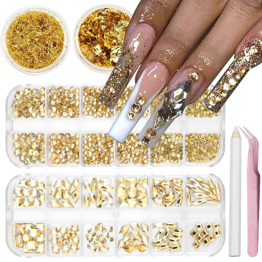 Nail Art Rhinestones Flatback Gold Nail Charms Multi Shapes Crystal Mixed Glitter Foil Design Gold Gems Accessories for Women Manicure Decorations Supplies