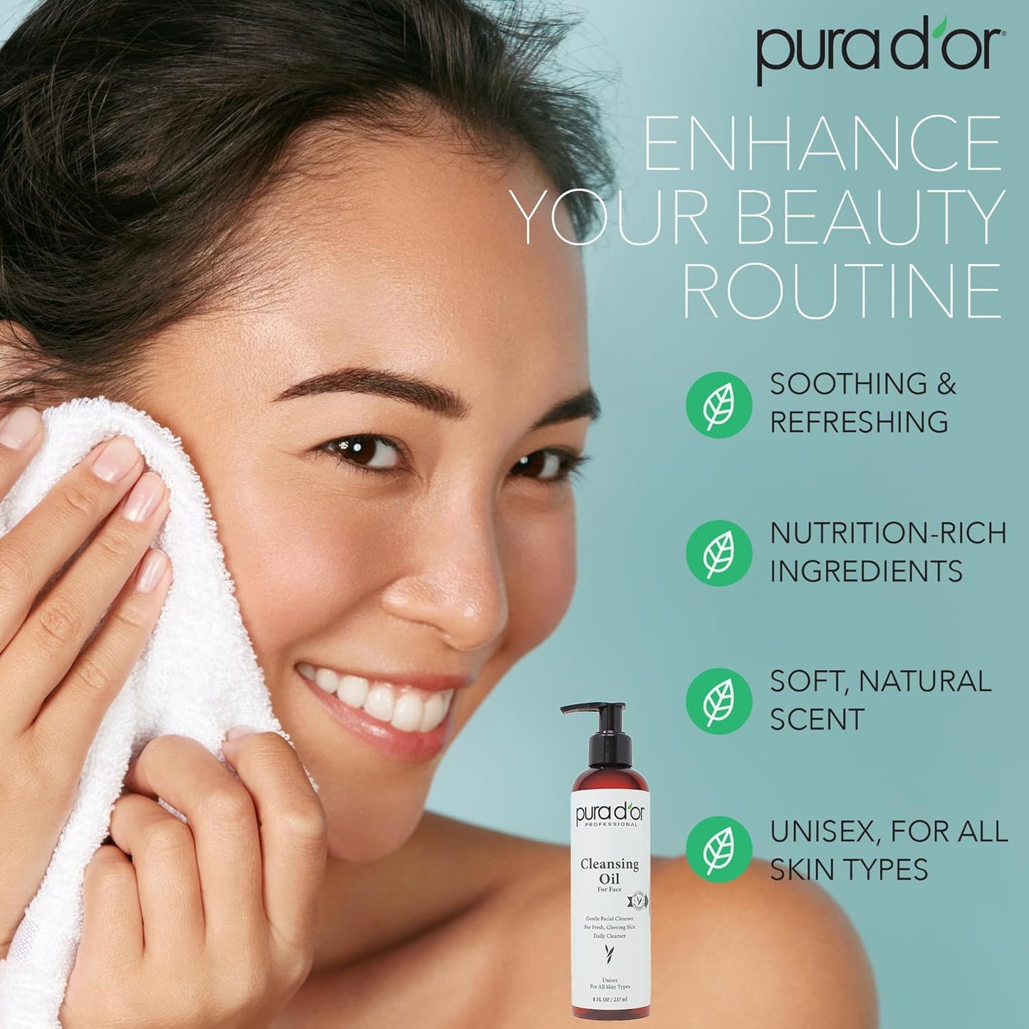 PURA D'OR Facial Cleansing Oil (8 Oz x2 = 16 Oz) Nourishing Botanical Blend with & Vitamin, Jojoba and Sunflower Oil - Gentle Makeup Remover & Deep Cleanser For Healthy, Glowing Skin - Paraben-Free