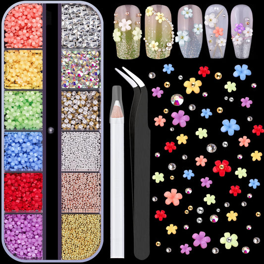 3D Flowers for Nails, Colorful Acrylic Flower Nail Charms with Caviar Beads, Flat Back Glass Crystal AB + Clear Gemstones Round Gems Rhinestones for Nails & Acrylic Nails with Dotting Tools