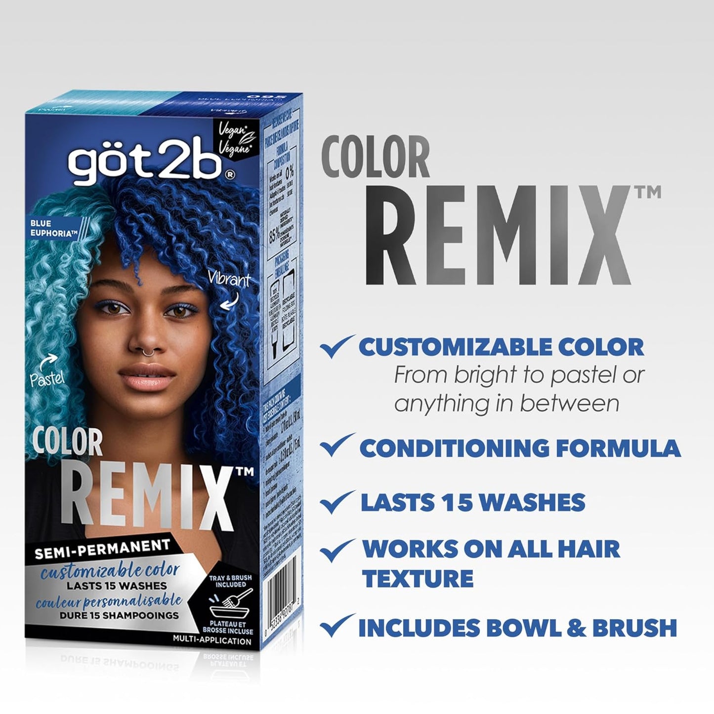 Got2b Color Remix, Customizable Semi-Permanent Hair Color, 095 Blue Euphoria