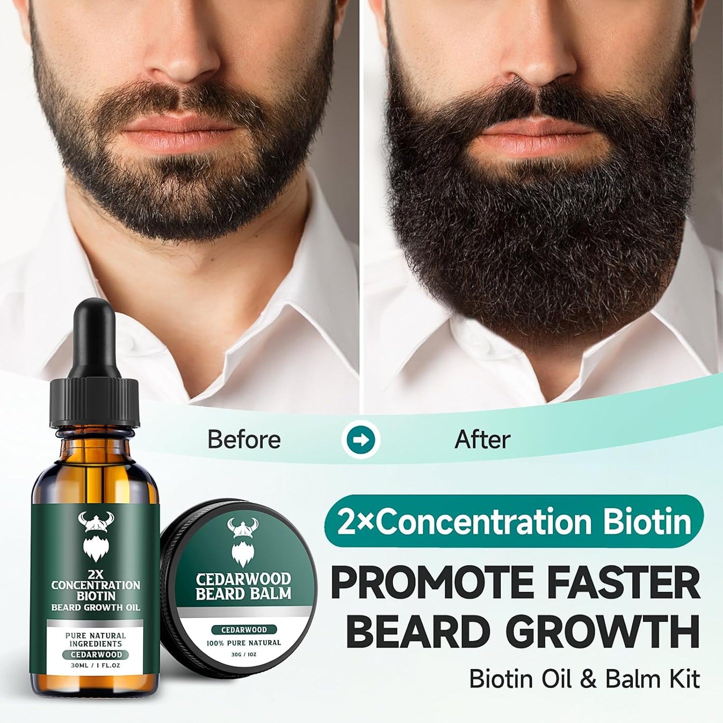 Beard Growth Kit - 2X Concentration Biotin for Men, Natural Argan, Jojoba Oils and Vitamins (Cedarwood)