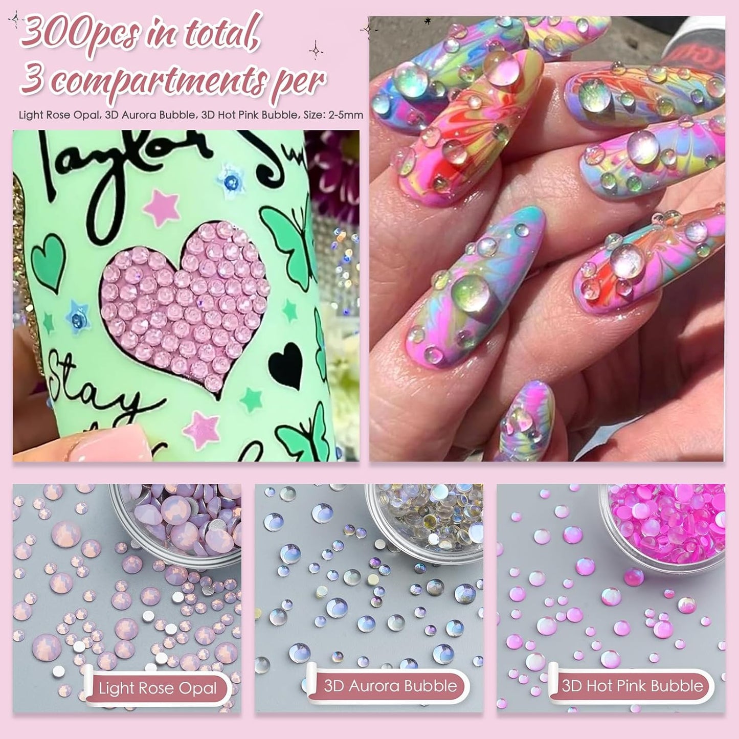 Rhinestones, AB Crystal Nail Gems Pink Opal Nail Rhinestones with Aurora Bubble Beads Pearls Star Heart Bows Nail Charms and Rhinestone Picker Tools for Kwaii Y2K Nail Art Decor - 3 Boxes