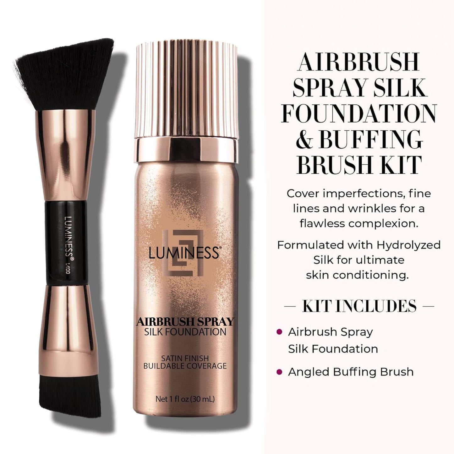 LUMINESS Silk Airbrush Spray Foundation 2-PC Kit - Foundation & Dual-Sided Angled Makeup Brush - Buildable Coverage, Anti-Aging Formula, Humidity Resistant, Hydrates & Moisturizes, Light Medium