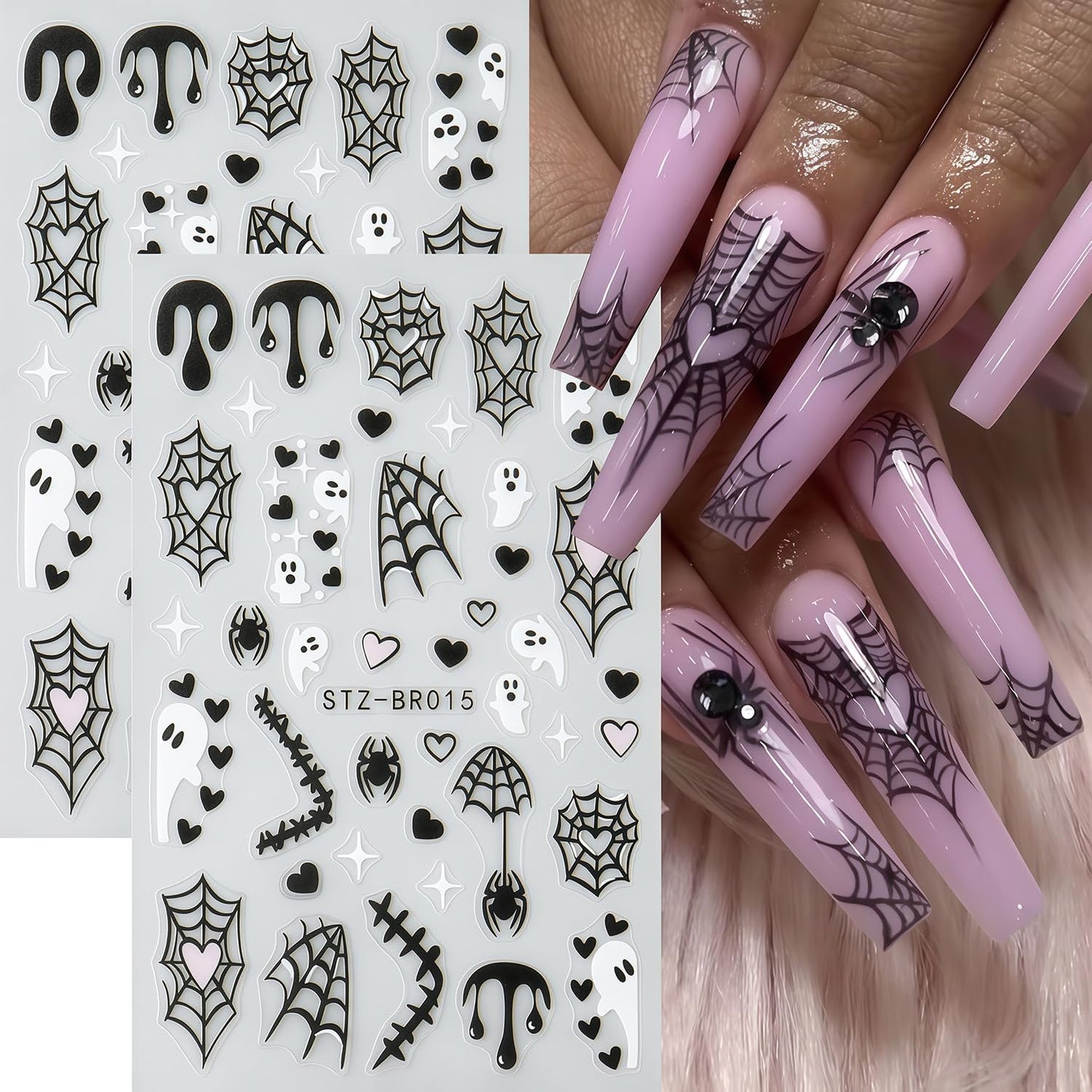 Halloween Nail Stickers 6 Sheets Bat Nail Stickers 3D Self-Adhesive Blood Spider Web Heart Spider Bat Nails Design Ghost Nail Decals Halloween Bats Ghost Sticker for Holiday DIY Manicure Decorate