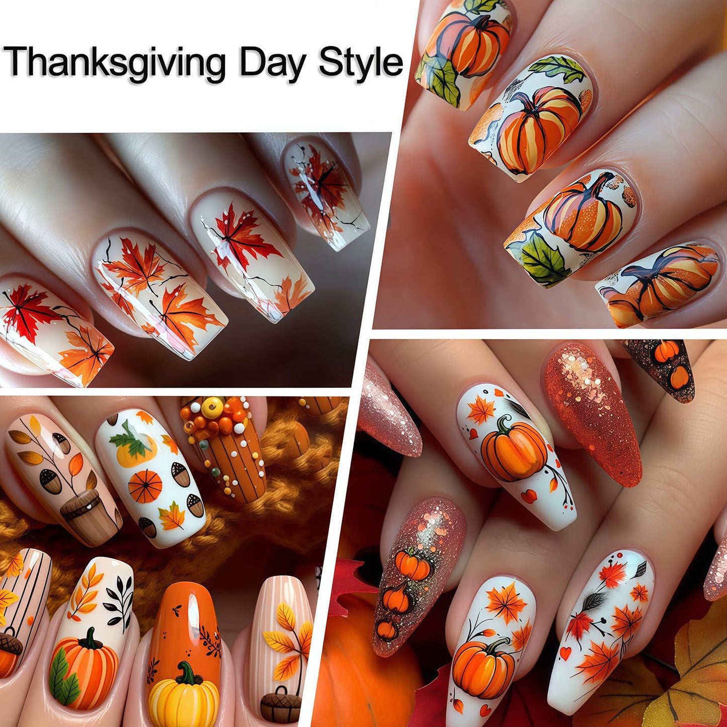 10 Sheets Thanksgiving Day Nail Stickers for Nail Art Fall Nail Sticker 3D Self-Adhesive Shiny Autumn Maple Leaf Turkey Pumpkin Nails Decals Holiday Maple Leaves Manicure Decoration for Salon Nails
