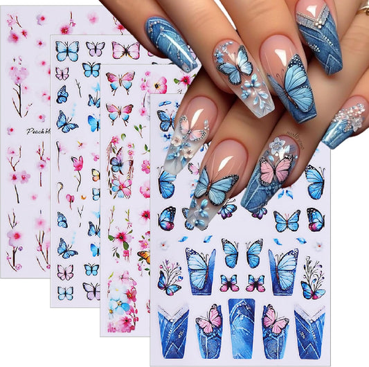 8 Sheets Spring Butterfly Nail Stickers Peach Blossom Nail Art Stickers 3D Self-Adhesive Nail Decals Colorful French Butterfly Petals Leaves Nail Design for Women Girls Spring Summer Nail Decoration