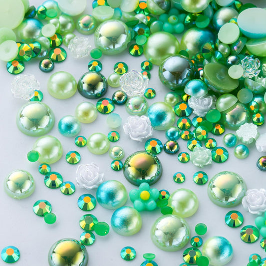 160g Cyan Green Flat Back Pearls Rhinestones for Crafts Mixed Size 3mm-10mm AB Color Round Half Pearls Flatback Pearl Beads and Resin Rhinestones Set for Face Art