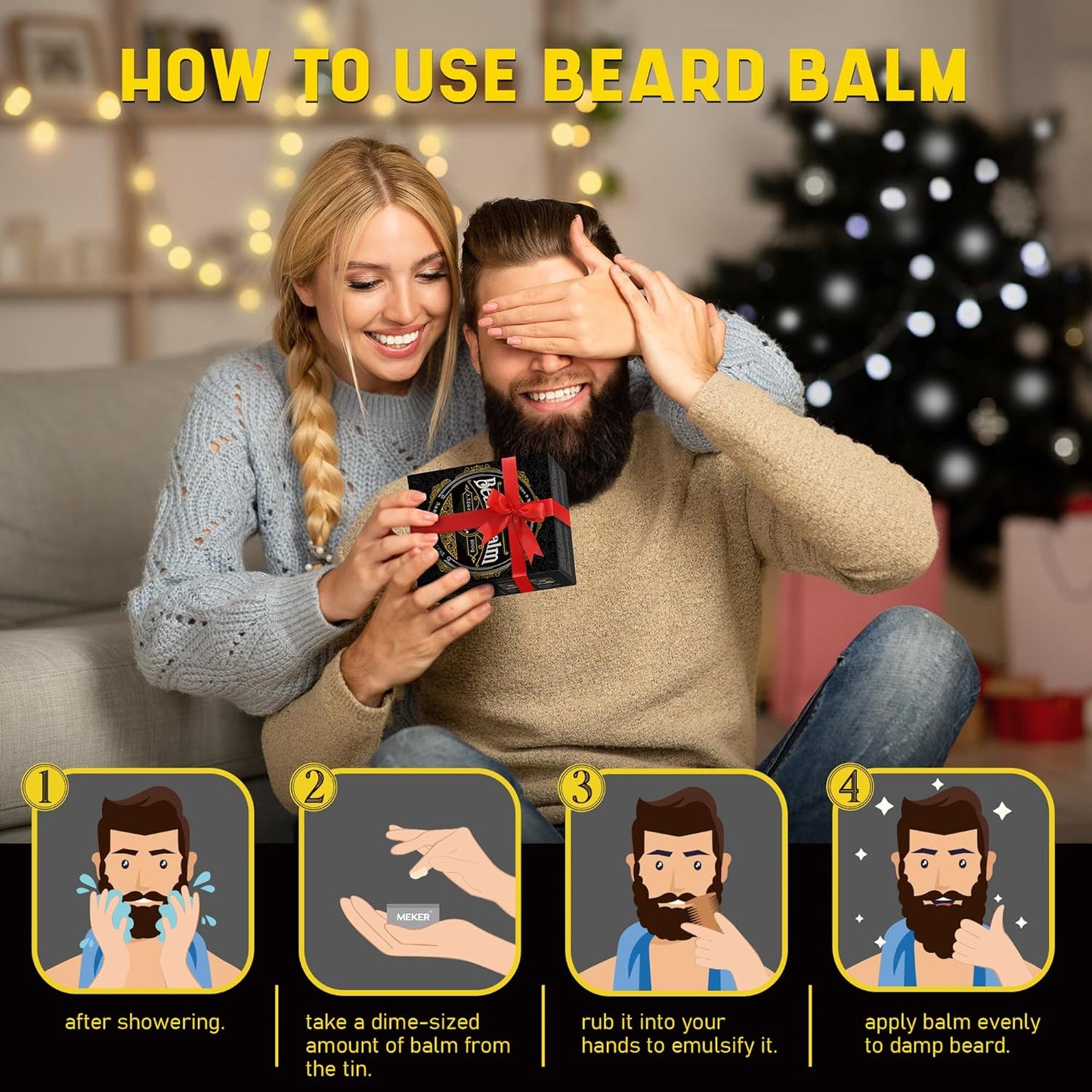 MEKER Beard Balm, Beard Softening Leave-in Balm with Brush, All-Natural Anti-Itch, Organic Beard Conditioner for Softening, Stops Itch, Grows, 3.52 OZ