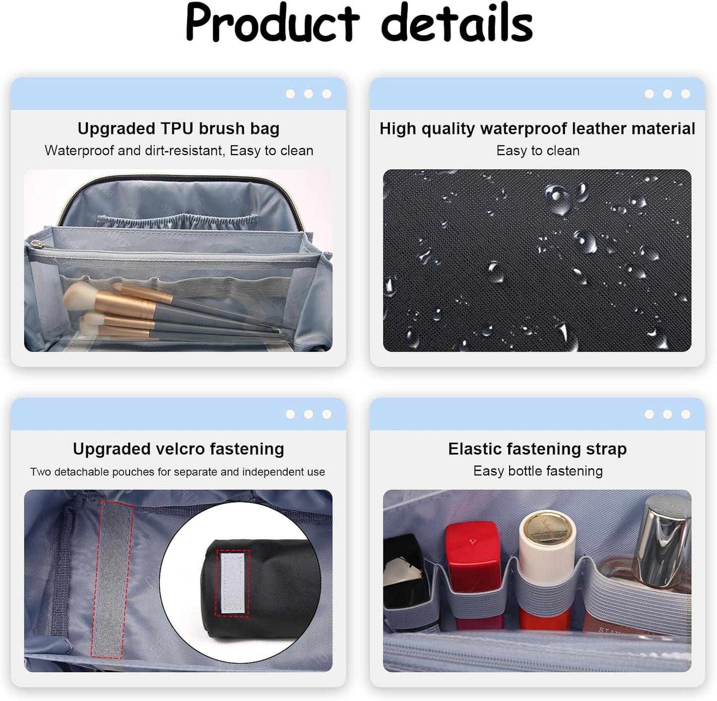 BOYATU Travel Makeup Bags for Women: Vegan Leather Cosmetic Bag Set of 3 - Large Capacity Make up Bag with Divider - Wide Open Waterproof Toiletry Organizer Bag with Handle (05-Black)