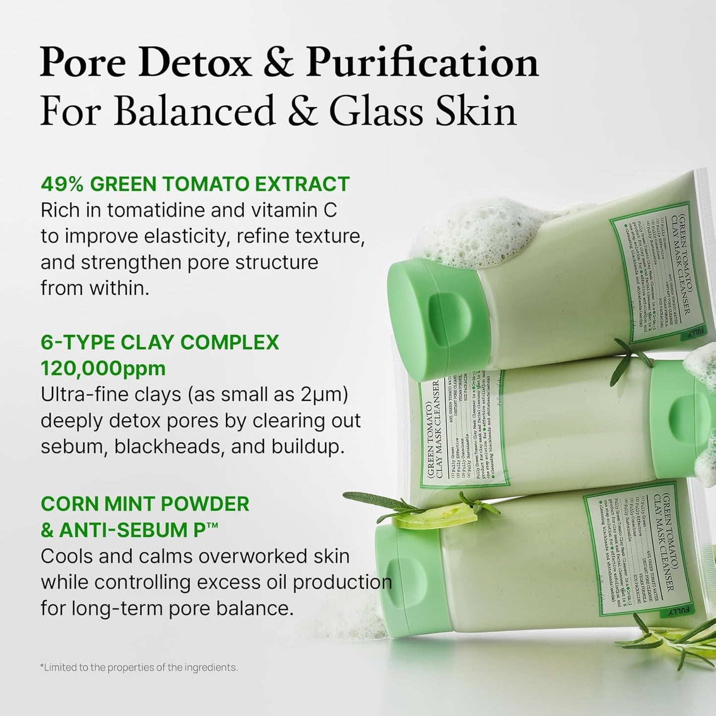 FULLY Green Tomato Pore Detox Clay Mask Cleanser, Pore Minimizing, Blackhead Care, Sebum Control, Exfoliation, Vegan, Face Wash, Sensitive Skin, Korean Skincare 4.05 fl.oz