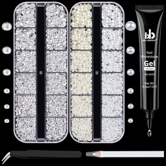 Nail Art Rhinestone Glue Gel&2 Boxes Flatback Gems Kit, 1 Tube of 15ml Rhinestone Gel Glue(UV/LED Needed)+Round Clear Gems+Flat-Back Half Round White&Beige Pearls with Pickup Tools
