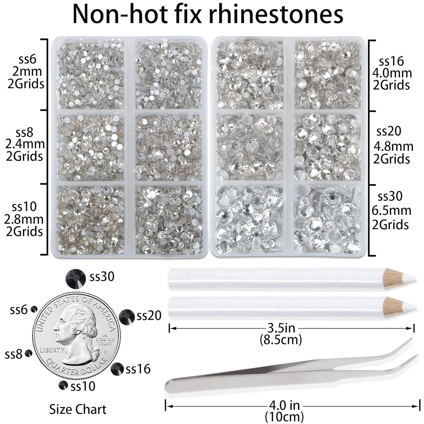 LPBeads 6000 Pieces Clear Non Hotfix Rhinestones 6 Sizes Round Crystal Glass Flat Back Rhinestones with Tweezers and Picking Pen for Nail Art Crafts Clothes Bags DIY