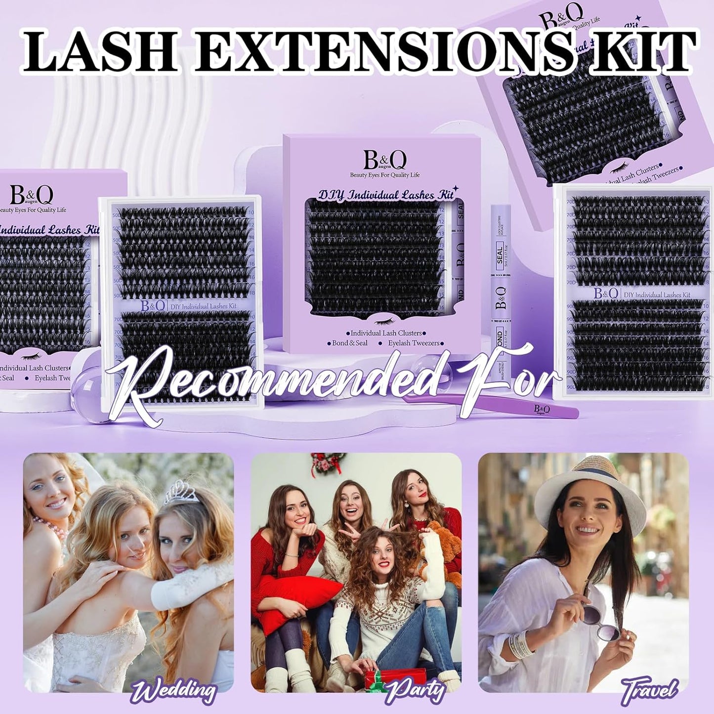 B&Qaugen Lash Extension Kit 280Pcs Volume Individual Lashes Kit Superfine Individual Eyelashes 10-18mm Soft D Curl Eyelash Clusters Kit with Bond and Seal Tweezers for Self Use （Kit-50D-10-18MIX）