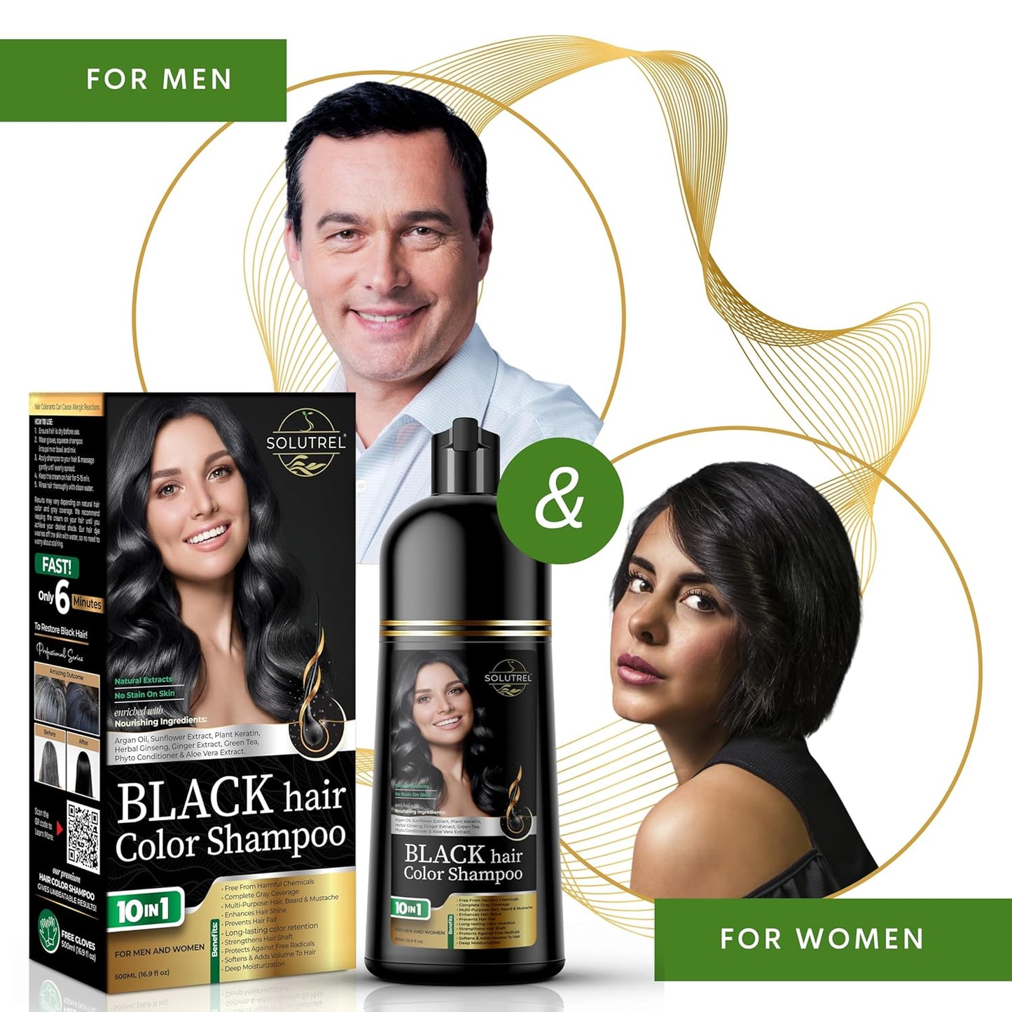 Black Hair Dye Shampoo – Instantly Covers Gray Hair in Minutes – 10-in-1 Herbal Hair Color – No Stain, Ammonia-Free, Natural – For Men & Women