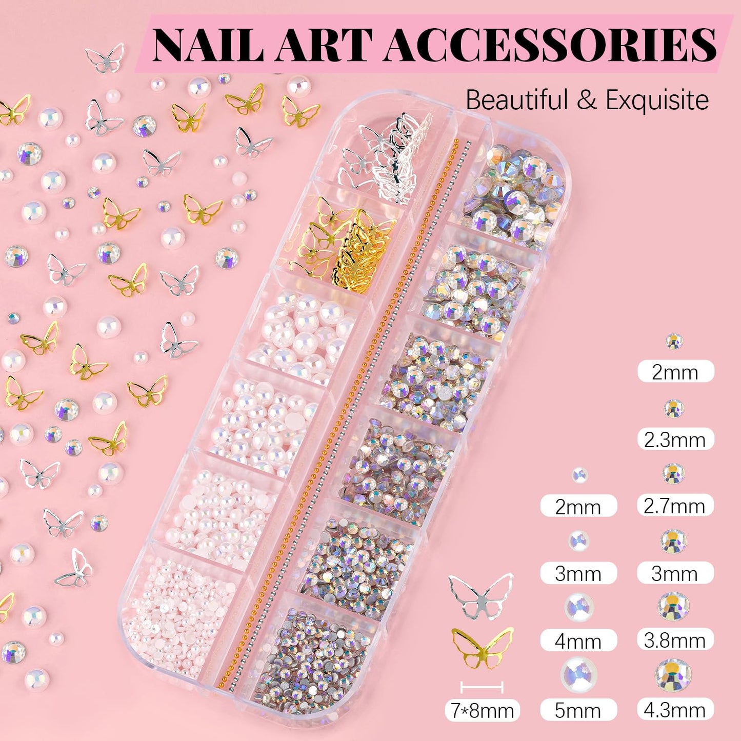 3D Flower Nail Charms and Gems, Cute Colorful Floral Charm Manicure Kit with Nail Rhinestone Glue Gel (UV Curing), Butterfly Caviar Beads Half Round Pearl & Flatback AB + Clear Crystal