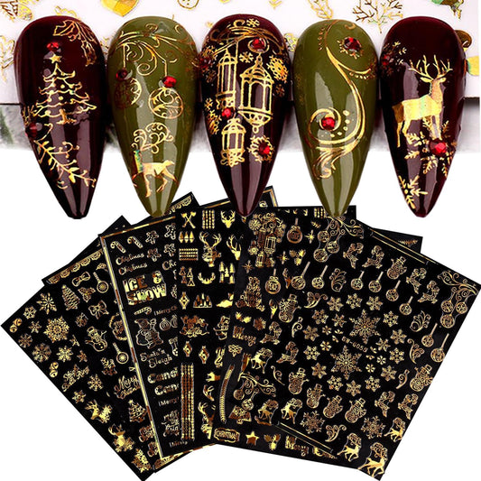 9 Sheets Christmas Nail Art Stickers Decals Self-Adhesive Pegatinas Uñas Holiday Glod Laser Snowflakes Snowman Nail Supplies Nail Art Design Decoration Accessories