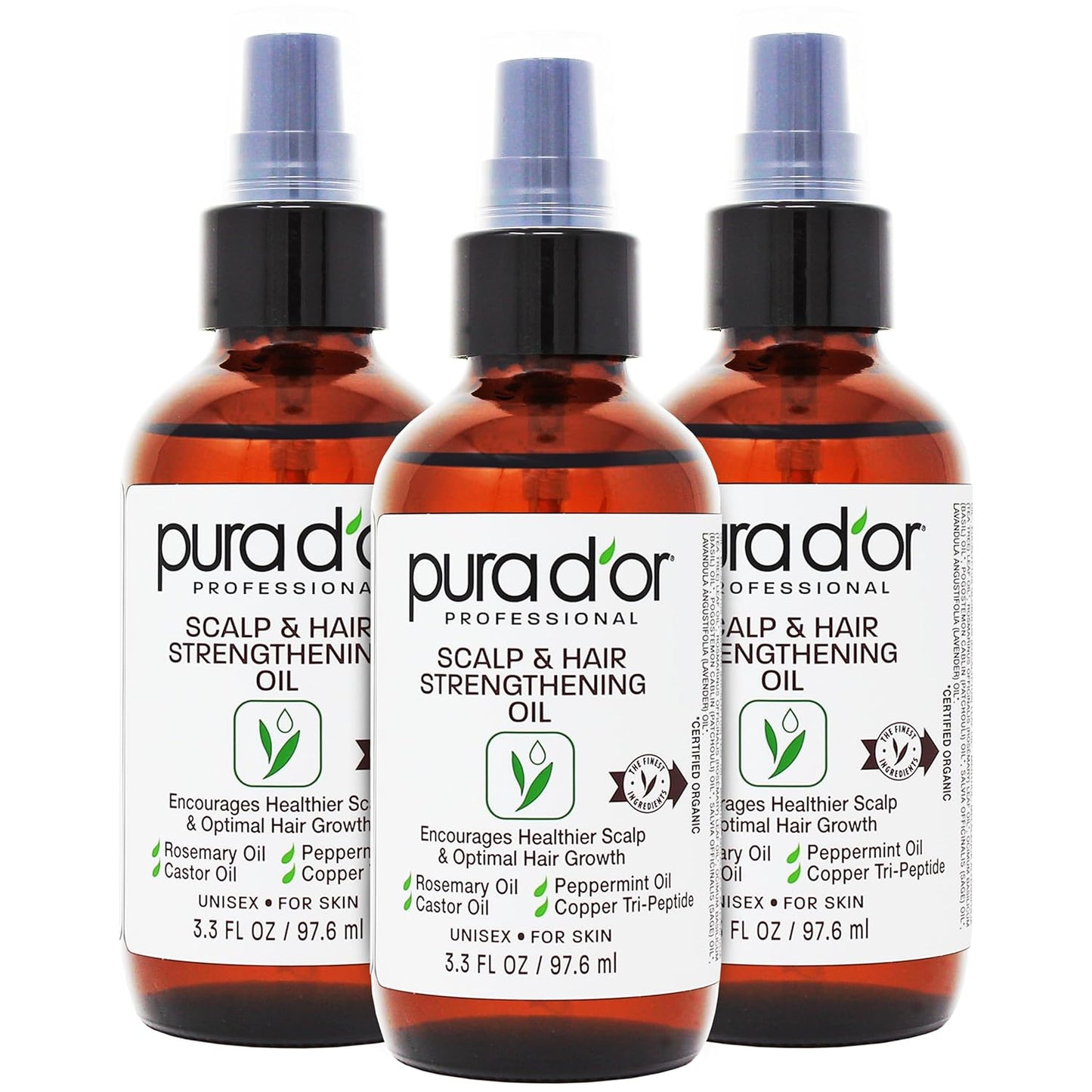 PURA D'OR Scalp & Hair Strengthening Oil (3.3oz x3 = 9.9oz) Supports Optimal Growth, Reduce Breakage, Nourish Roots for Healthier, Fuller, Thicker Hair - Rosemary, Castor & Peppermint Oil