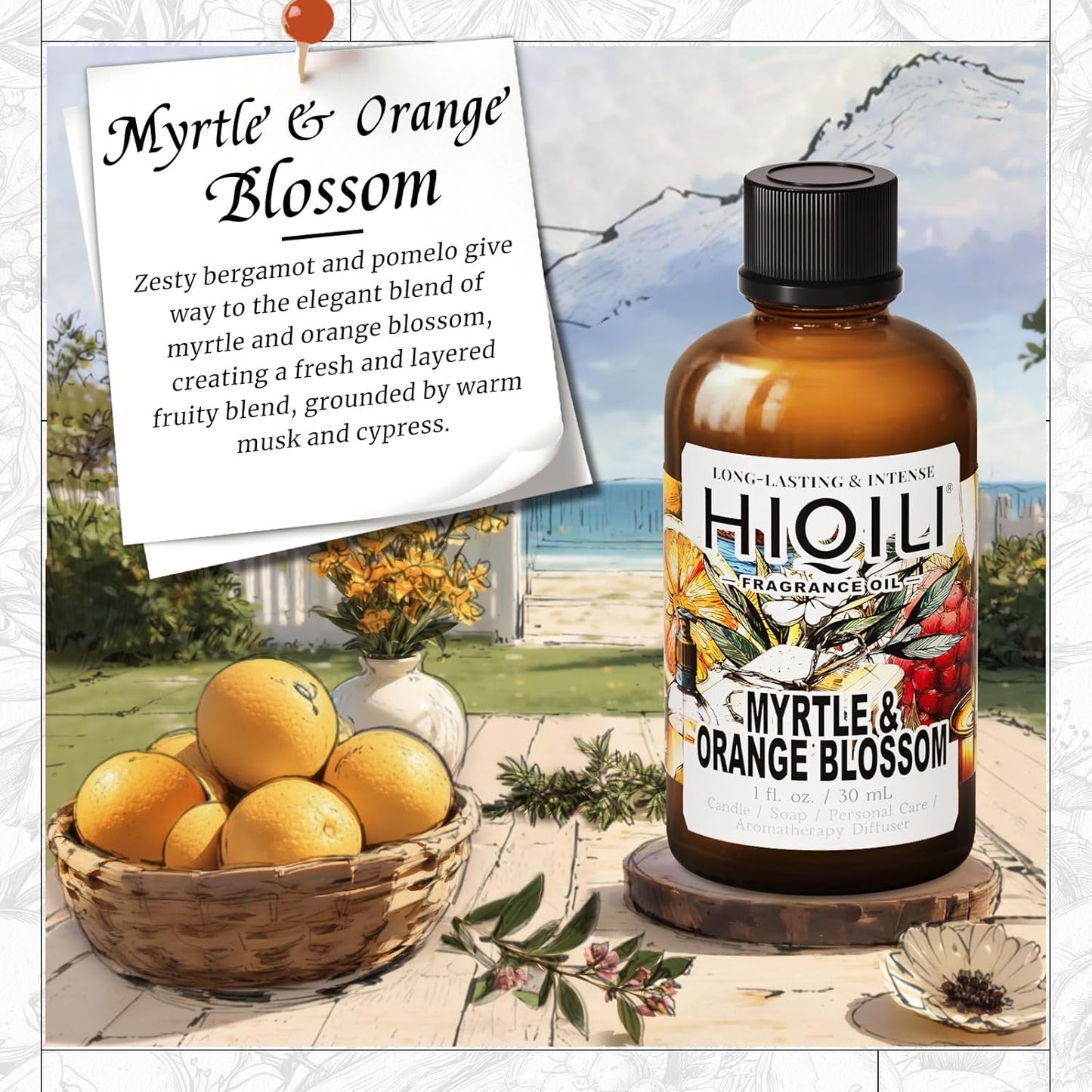 HIQILI Myrtle & Orange Blossom Fragrance Oil for Diffuser, Inspired by D.or Tera-Bella, Candle & Soap Making, Long-Lasting Citrus Floral Scent - 1 Fl Oz