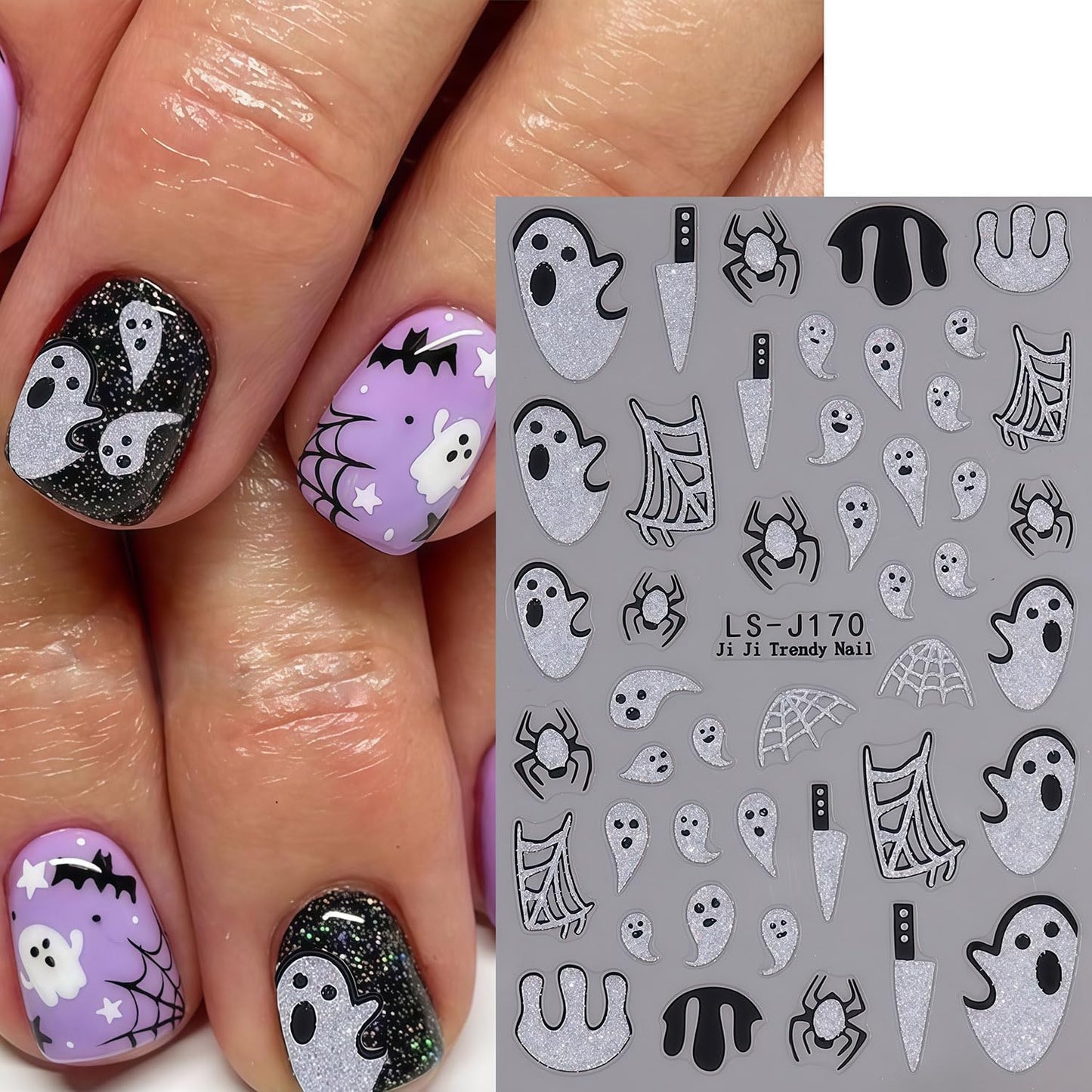 Halloween Nail Art Stickers Spider Web Nail Decals 2 Sheets 3D Self-Adhesive Glitter Spider Ghost Blood Nail Decals Day of Death Nails Stickers Holiday DIY Manicure Decoration Sticker for Women