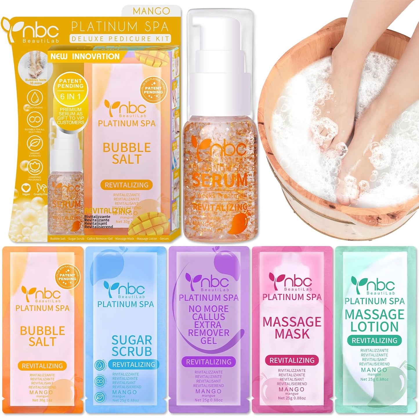 Pedicure Kit Foot Soak Set: Bubble Salt, Sugar Scrub, Massage Mask, Massage Lotion in a Box, 4 Step Foot Spa Kit for Dry Feet, Softens Calluses, Soothes Sore and Tired Feet (Mango)