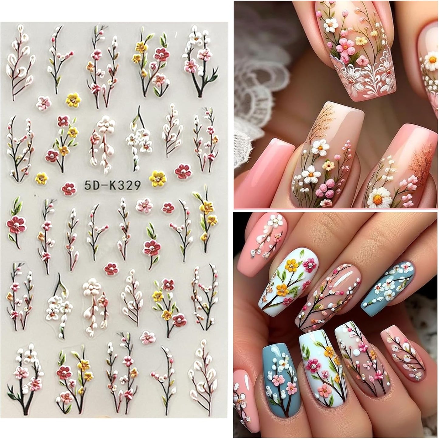Spring Flower Nail Art Stickers Decals Floral Nail Decals Self Adhesive 5D Embossed for Women Nails Design Decoraion Colorful Rose Plum Blossom 3D Flower Mails Stickers Supplies