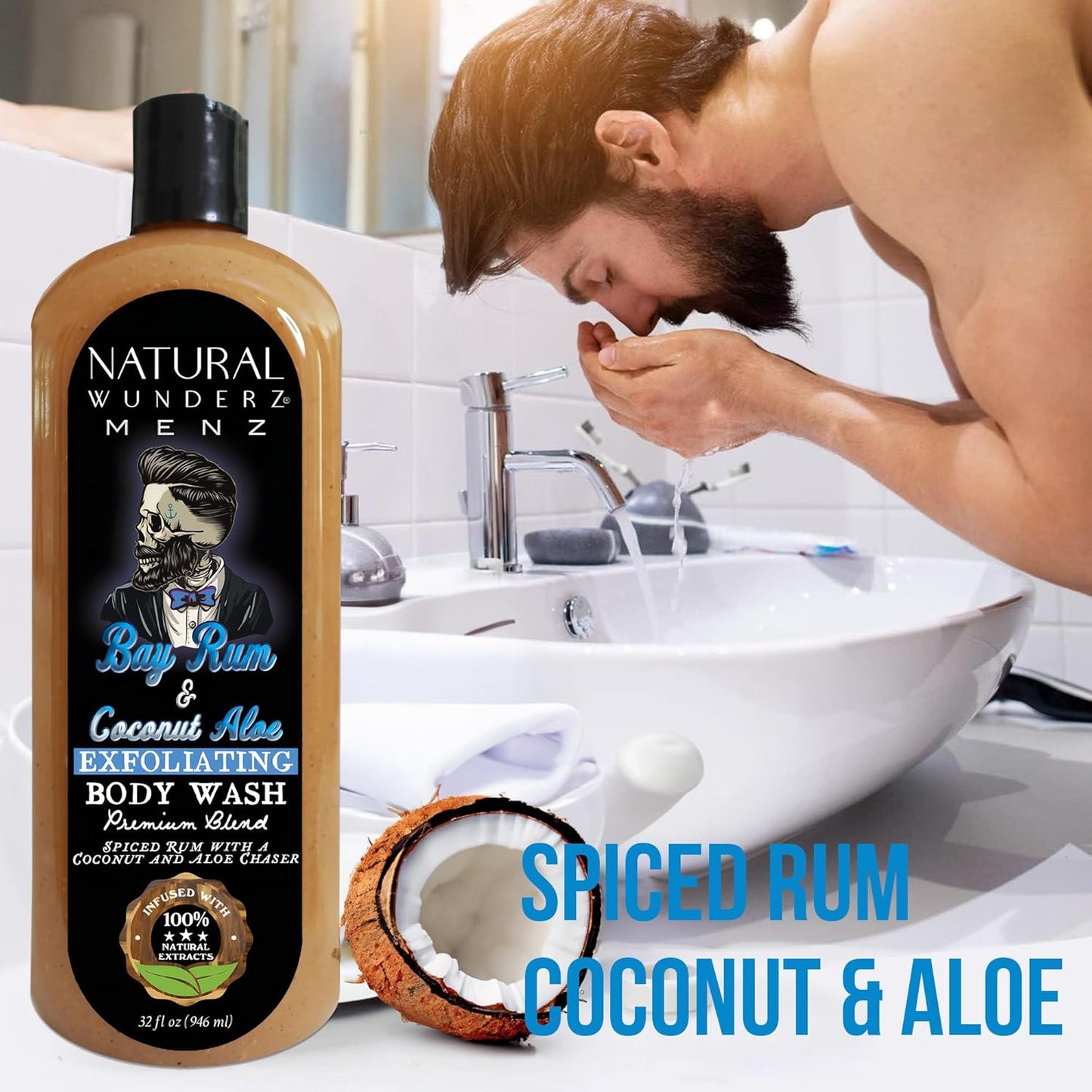 Mens Body Wash, Exfoliating Bay Rum & Coconut Aloe Scent, 32 Fl Oz All-In-One Liquid Soap and Shower Gel, Sulfate Free and Vegan Friendly Body Scrub