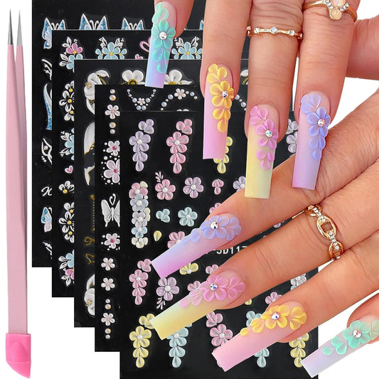 5 Sheets 5D Flower Nail Art Stickers Embossed Nail Decals Spring Summer Nails Art Design 3D Self-Adhesive Nails Supplies White Yellow Blue Colorful Flower Stickers for Women Nail Decoration