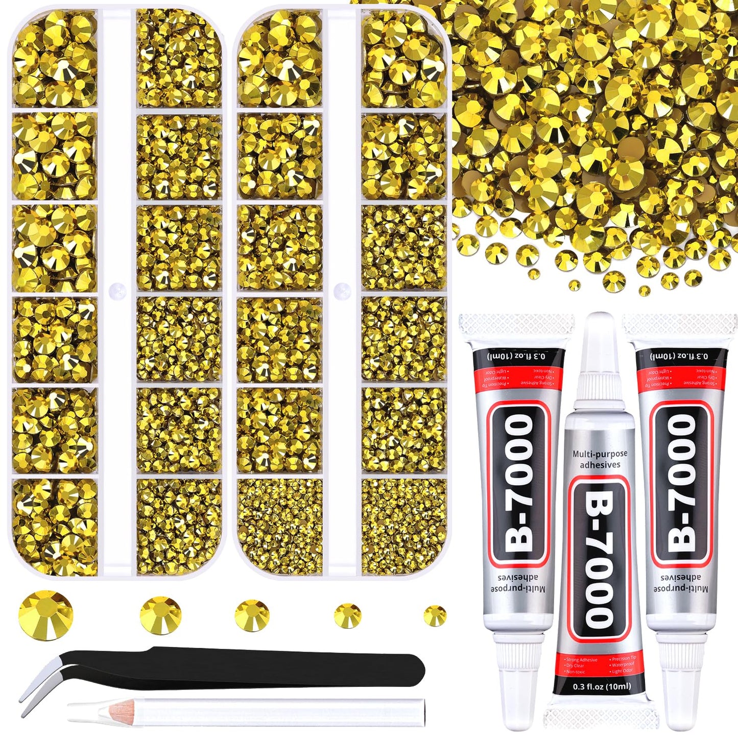Resin Rhinestones for Crafting with B7000 Jewelry Glue, 2 Boxes Bright Gold Flatback Crystals with 3Pcs 10ml Glue for Bedazzling Crafts DIY Nail Art Makeup, Gems for Clothing Shoes