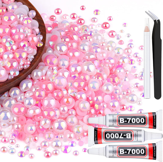 80g Flatback Pearls and Rhinestones for Crafting, Pink White 3-10mm Resin Rhinestones and Half Pearls for Bedazzling, Nail Art and Dec with 3pcs 10ml B7000 Jewelry Glue, Tweezer and Pickup Pencil