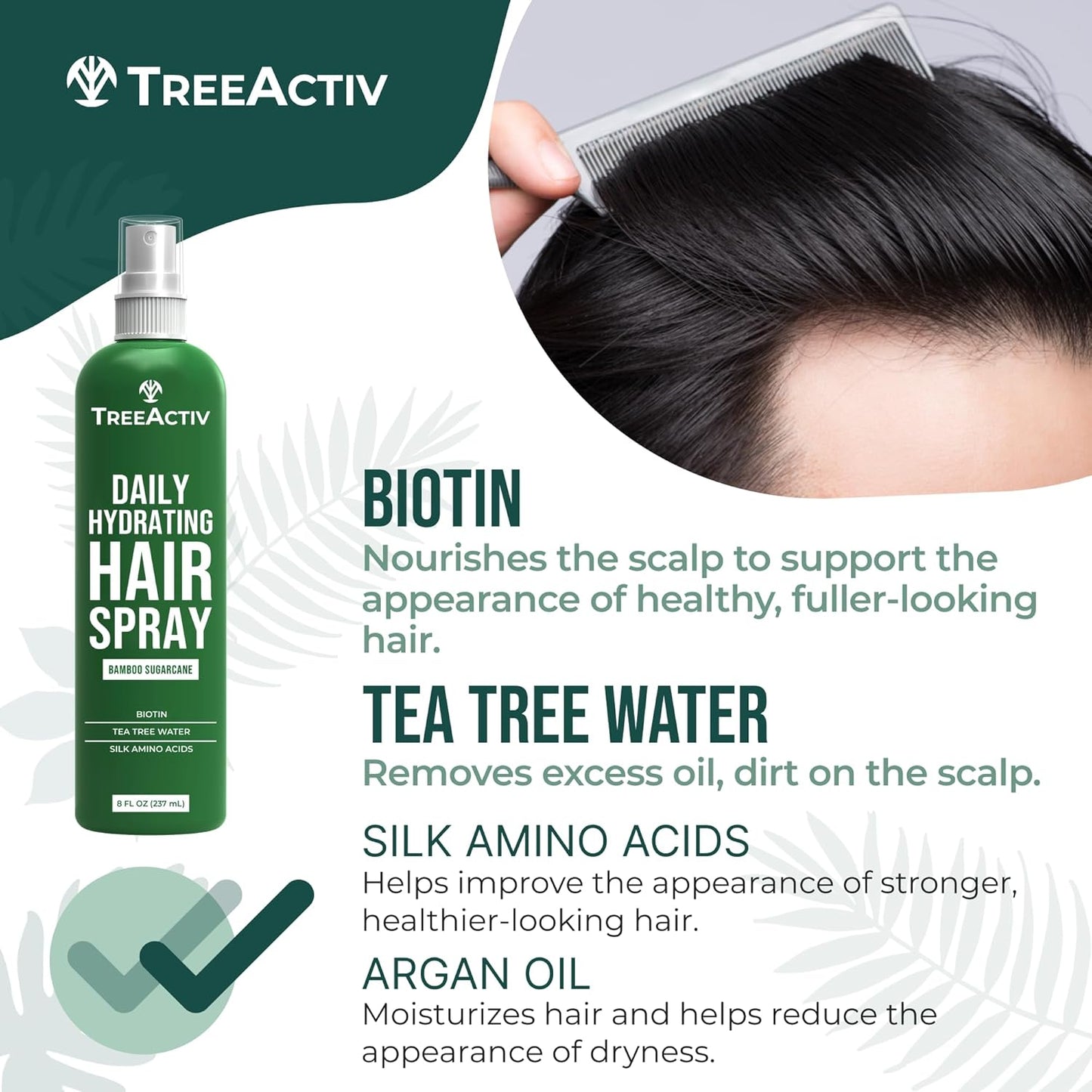 TreeActiv Hair Growth Daily Nourishing Spray with Biotin and Argan Oil - Fuller Hair for Women and Men, 8 fl oz, 2000+ Sprays