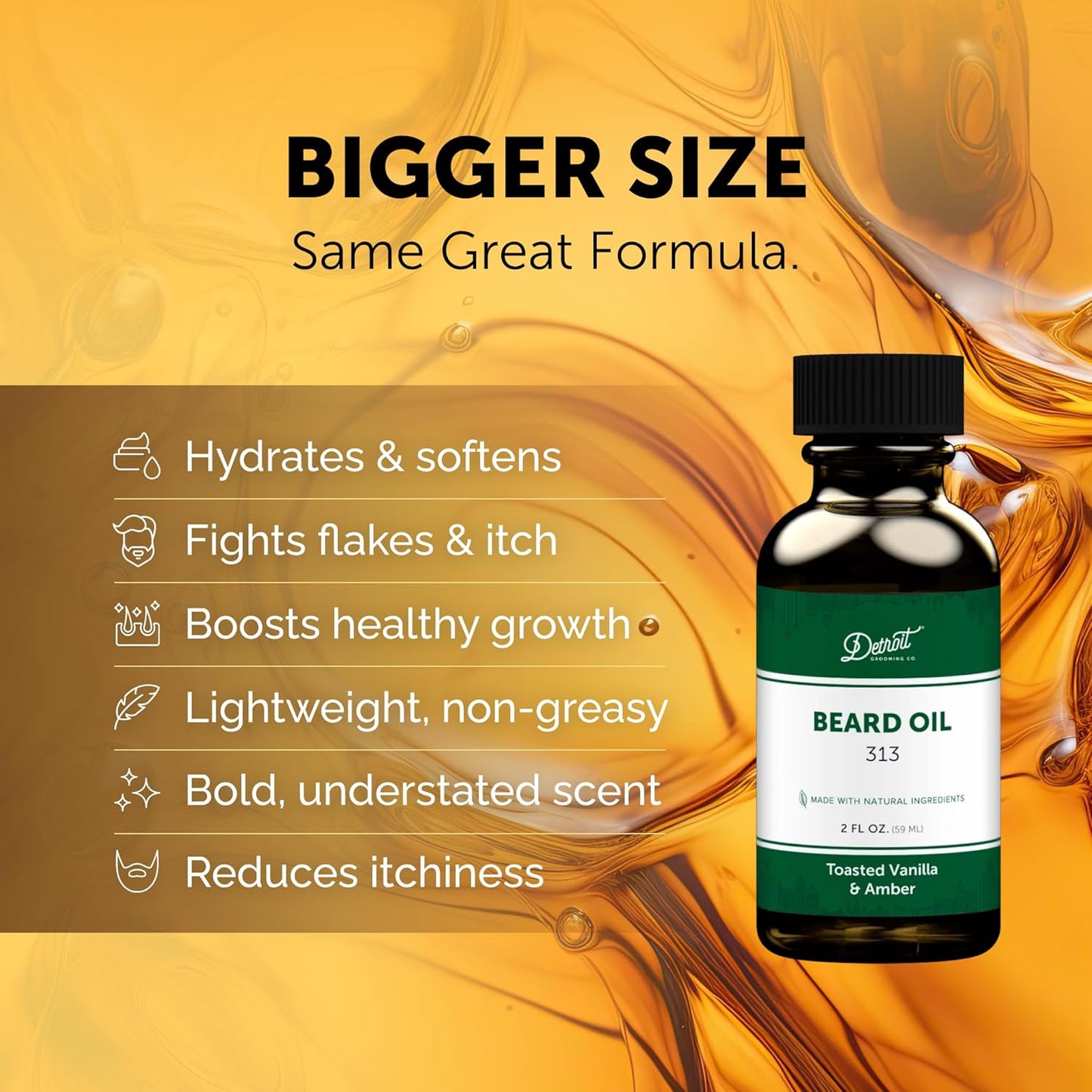 Detroit Grooming Beard Oil | Hydrating & Nourishing Formula with Vitamin E | Toasted Vanilla & Amber • 313 Scent (2 oz)