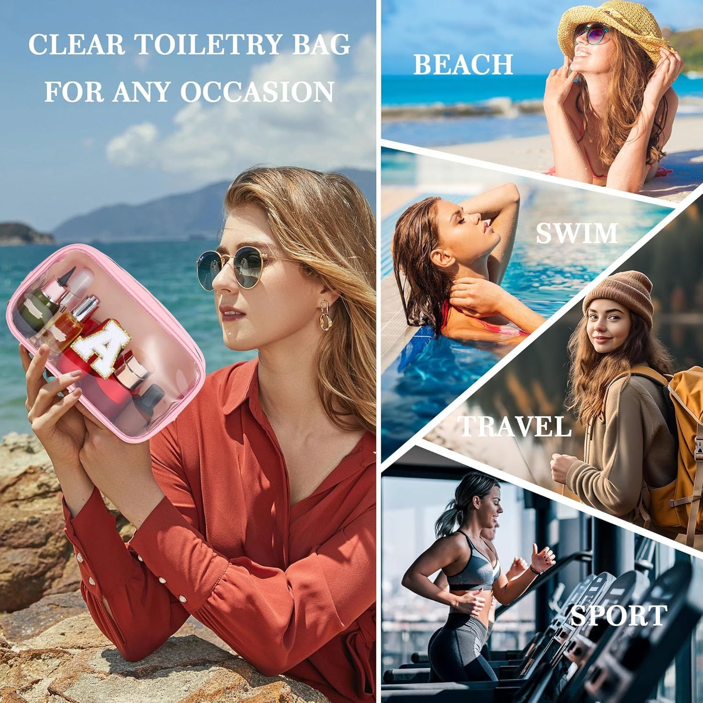 YOOLIFE Initial Travel Makeup Bag Pouch, Clear Toiletry Bag for Women Travel Accessories Cosmetic Bag Skin Care for Teen Make Up Bags Birthday Gifts for Women Unique Teacher Mom Friends Gifts Pink N