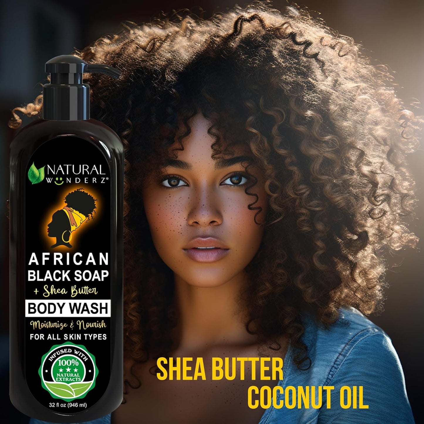 Body Wash with African Black Soap and Shea Butter, 32 Fl Oz Shower Gel, Promotes Acne Treatment, Contains All Natural Extracts, Vegan, and Sulfate-Free Body Scrub