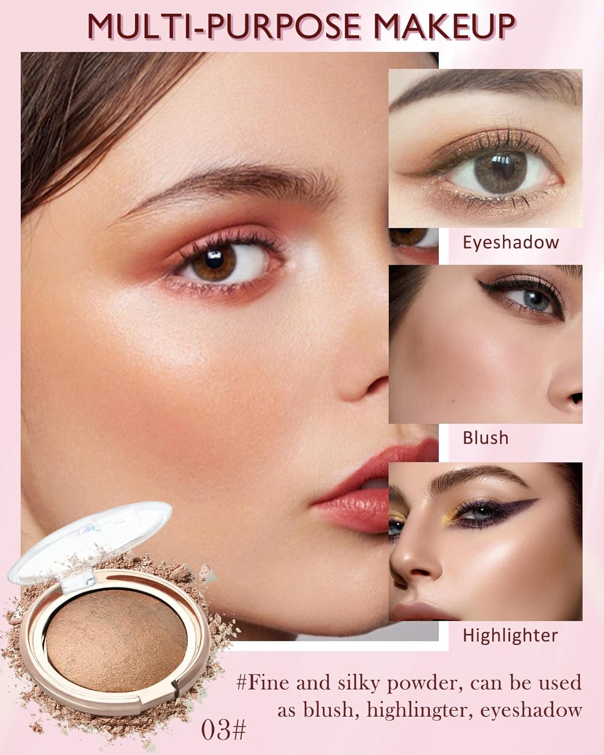 Baked Powder Blush, Glow Marbleized Blusher Powder Palette,Lightweight Shimmery face Blush for Cheeks,Eyeshadow & Highlight,Thanksgiving Makeup Gift for Women rubores de maquillaje(0.49Ounce)-03