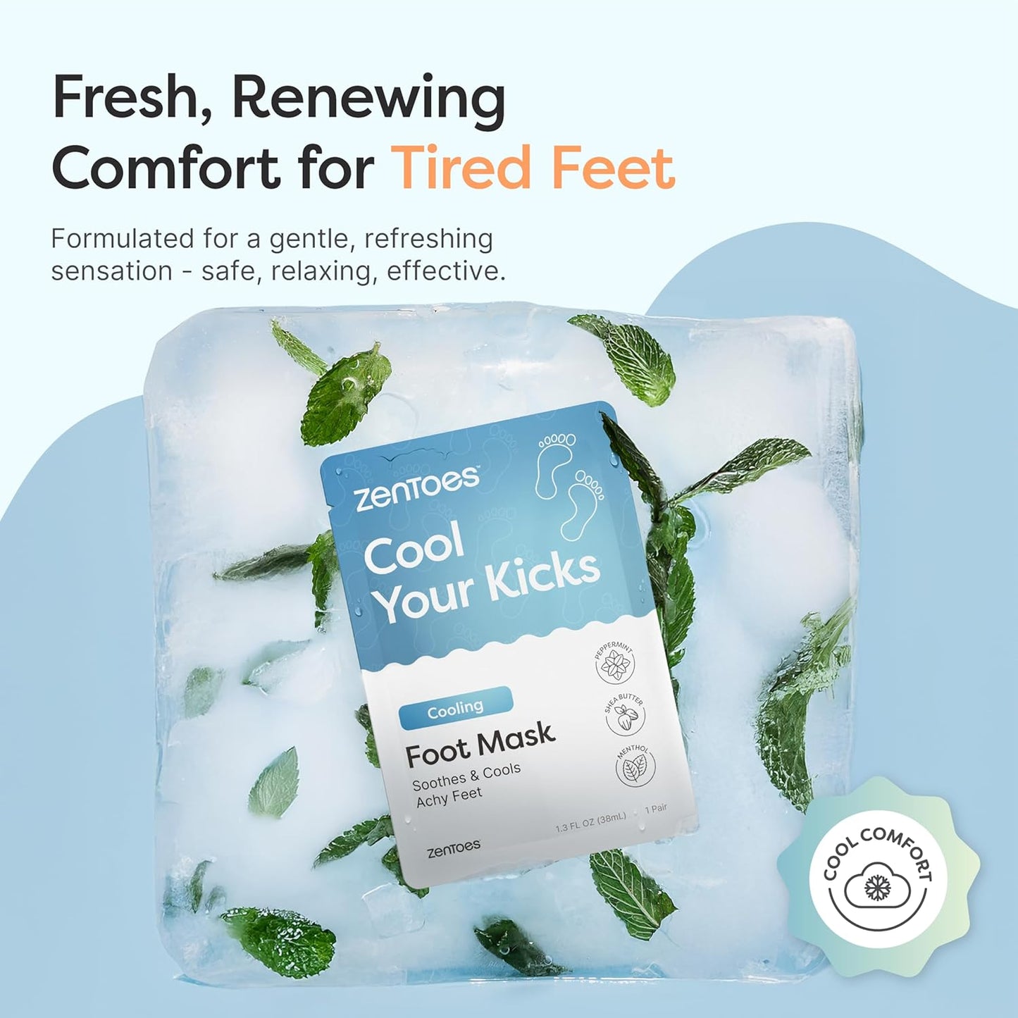 ZenToes Cooling Foot Mask - Hydrating Peppermint & Shea Butter Sheet Masks with Menthol for Soothing Tired, Achy, Dry Feet - Spa Treatment at Home, Paraben & Sulfate Free, 3 Pairs