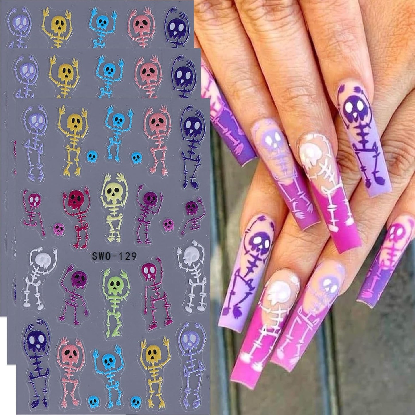 Halloween Skull Nail Stickers Cute 5D Nail Art Stickers 3PCS Self-Adhesive Colorful Embossed Skeleton Design Spooky Nails Manicure Accessories Holiday Nail Charms for Women Nail Decorations Nail Art