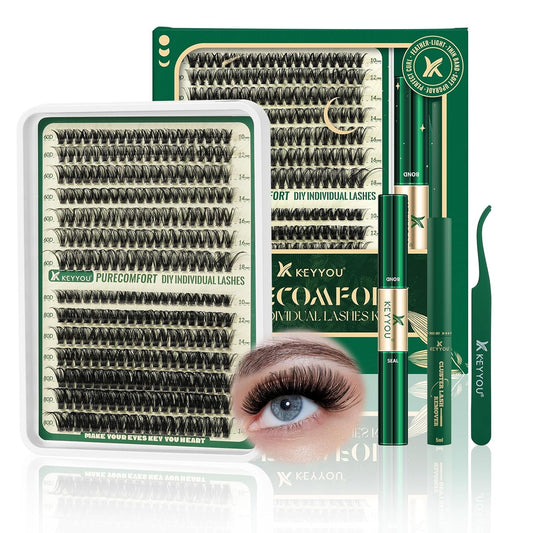 KEYYOU DIY Lash Extension Kit 280pcs Soft Lash Clusters 60D+80D D Curl Easy to Apply with Lash Bond and Seal Lash Applicator Lash Remover Eyelash Extension Kit at Home(RMkit-60D80D-D-10-18mix)