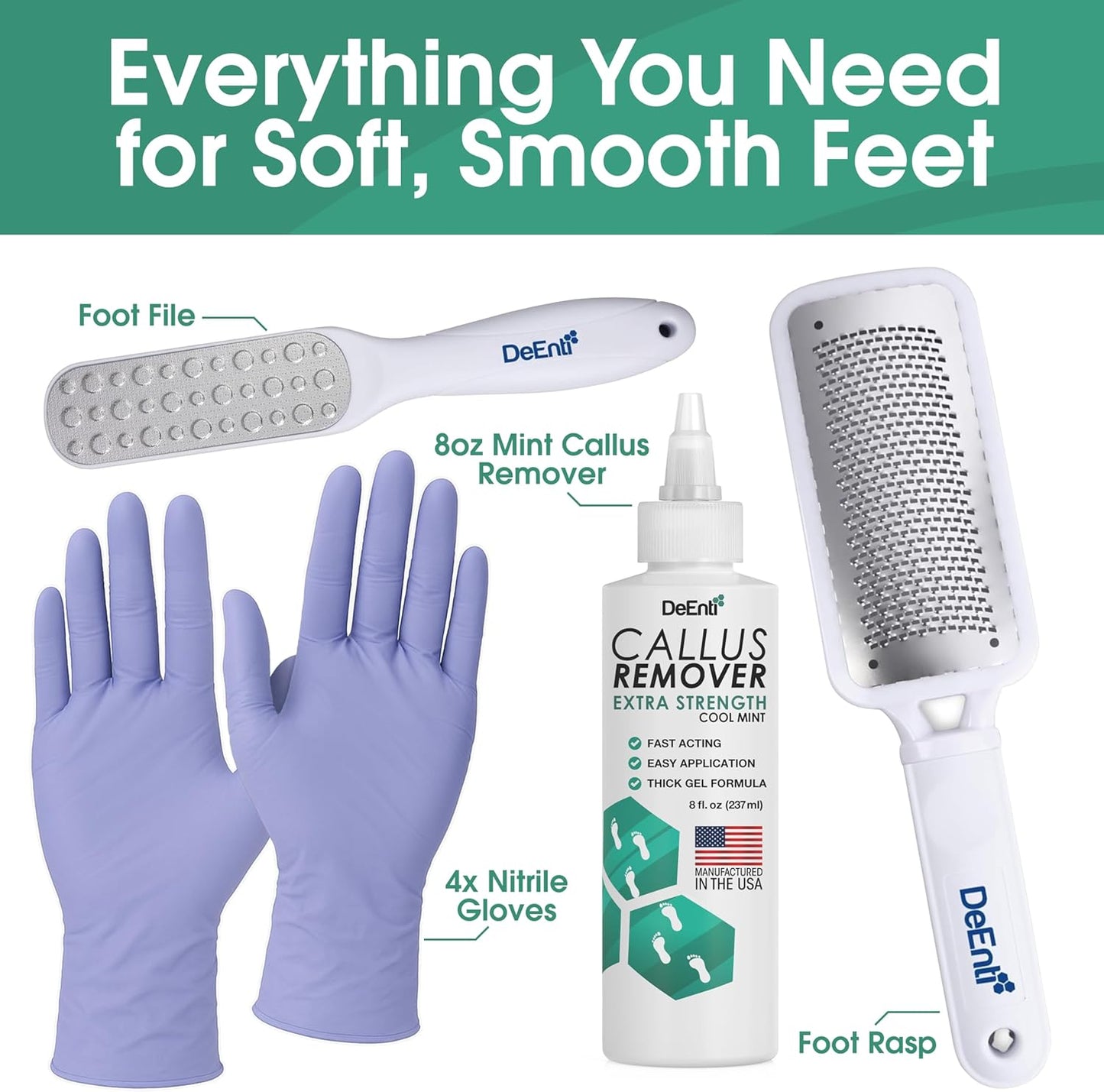 DeEnti Callus Maintenance Pack, Bundle Includes Mint Scented Callus Remover, Metal Foot Rasp, Foot File, and 4 Pairs of Gloves, Salon Grade Foot Care, Home Manicure and Pedicure Kit
