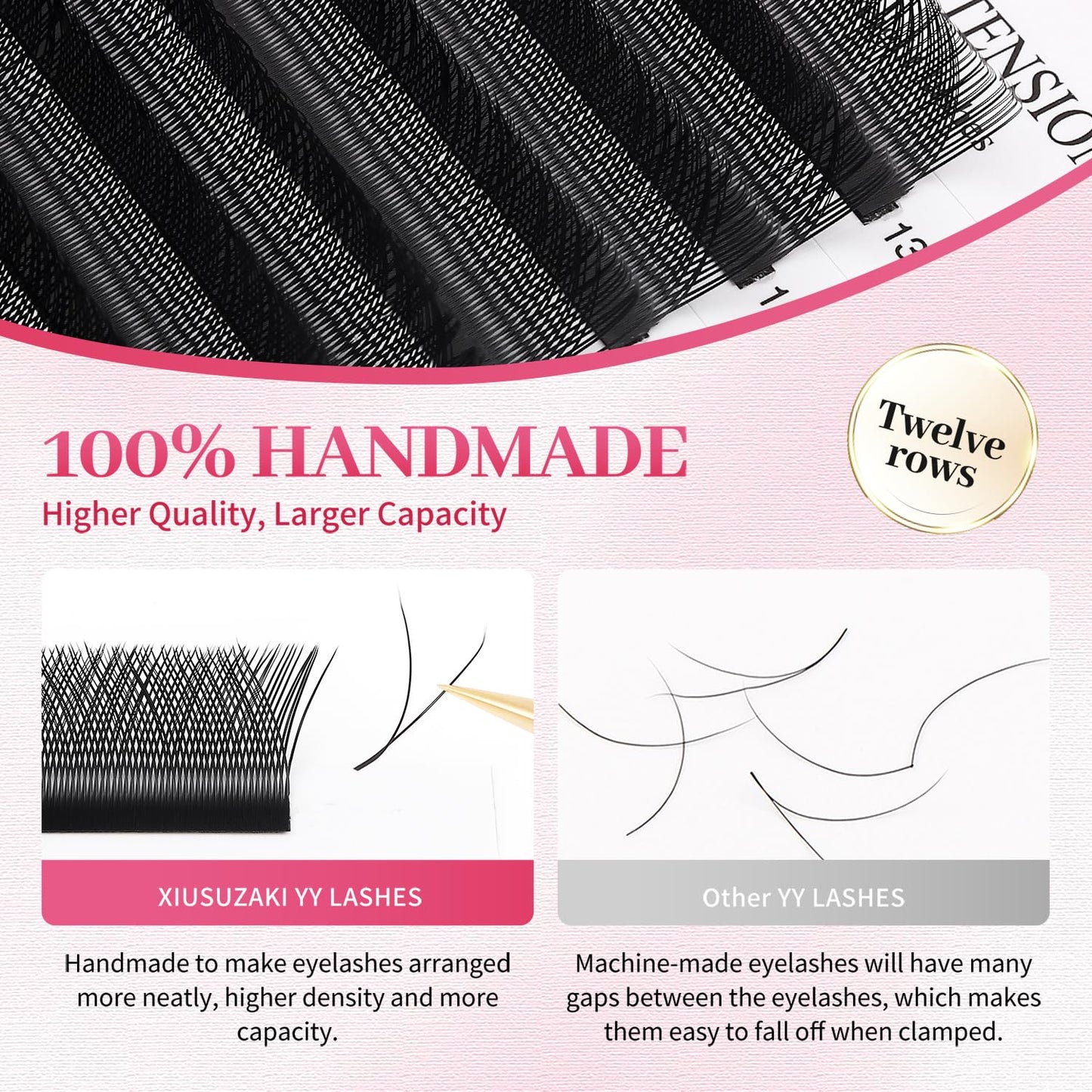 YY Lash Extensions Supplies Y Eyelash Extensions 0.07mm Thickness C Curl 9mm Premade Fans 4D Russian Volume Matte Black 12 Rows Crisscross Eye Lashes(YY-0.07-C,9mm)