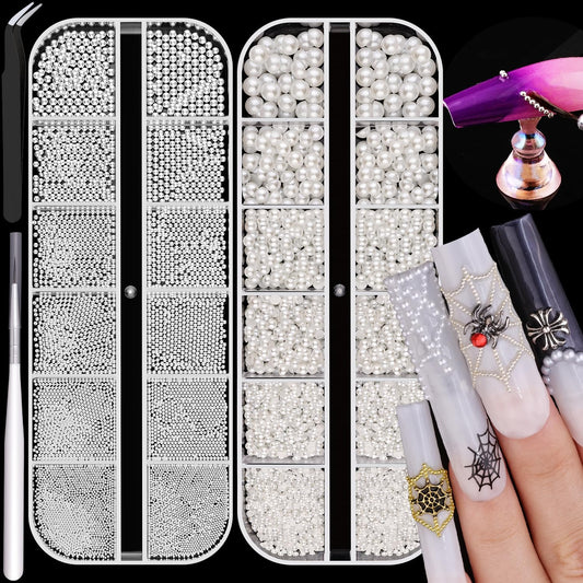 2 Boxes Flatback Pearls (White) and Metal Beads (Silver) for Nail Art, Luxurious Pearl Charms and Small Round Caviar Beads Accessories for Acrylic Tips Manicure Decor
