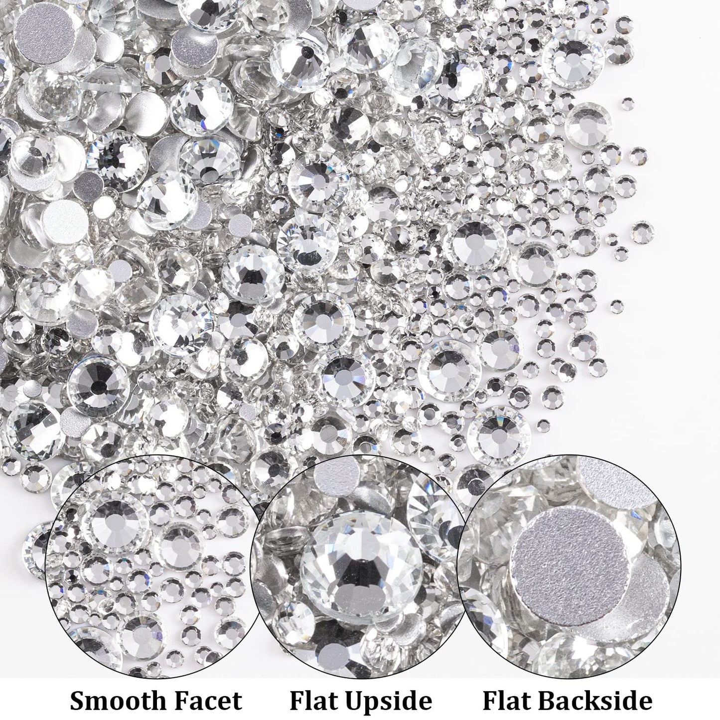 One Pack 2000 Pcs of Flatback Transparent White Clear Round Crystal Rhinestones 6 Sizes (1.5-6 mm) with Nail Art Rhinestone Picker Pencil and Tweezer for DIY and Salon Use